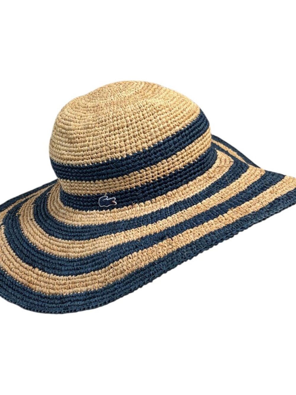 Lacoste Straw Wide Brim Sun Hat with Blue Stripe OS